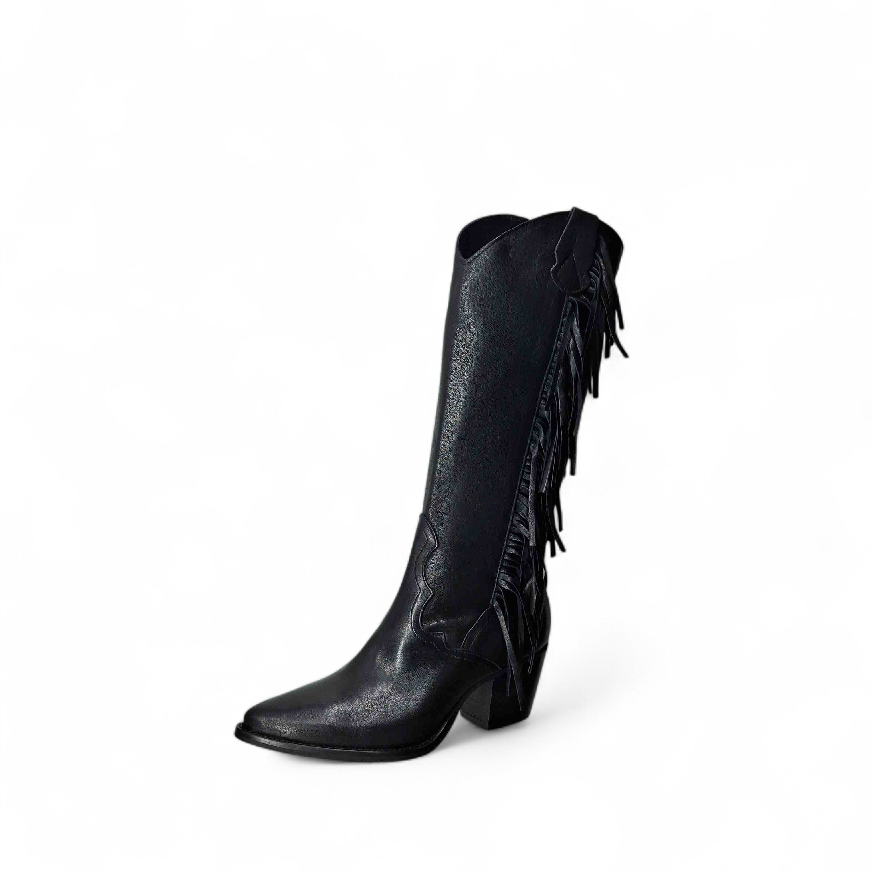 Kammi Stivali con Tacco Stivale Frange da Donna – Nero