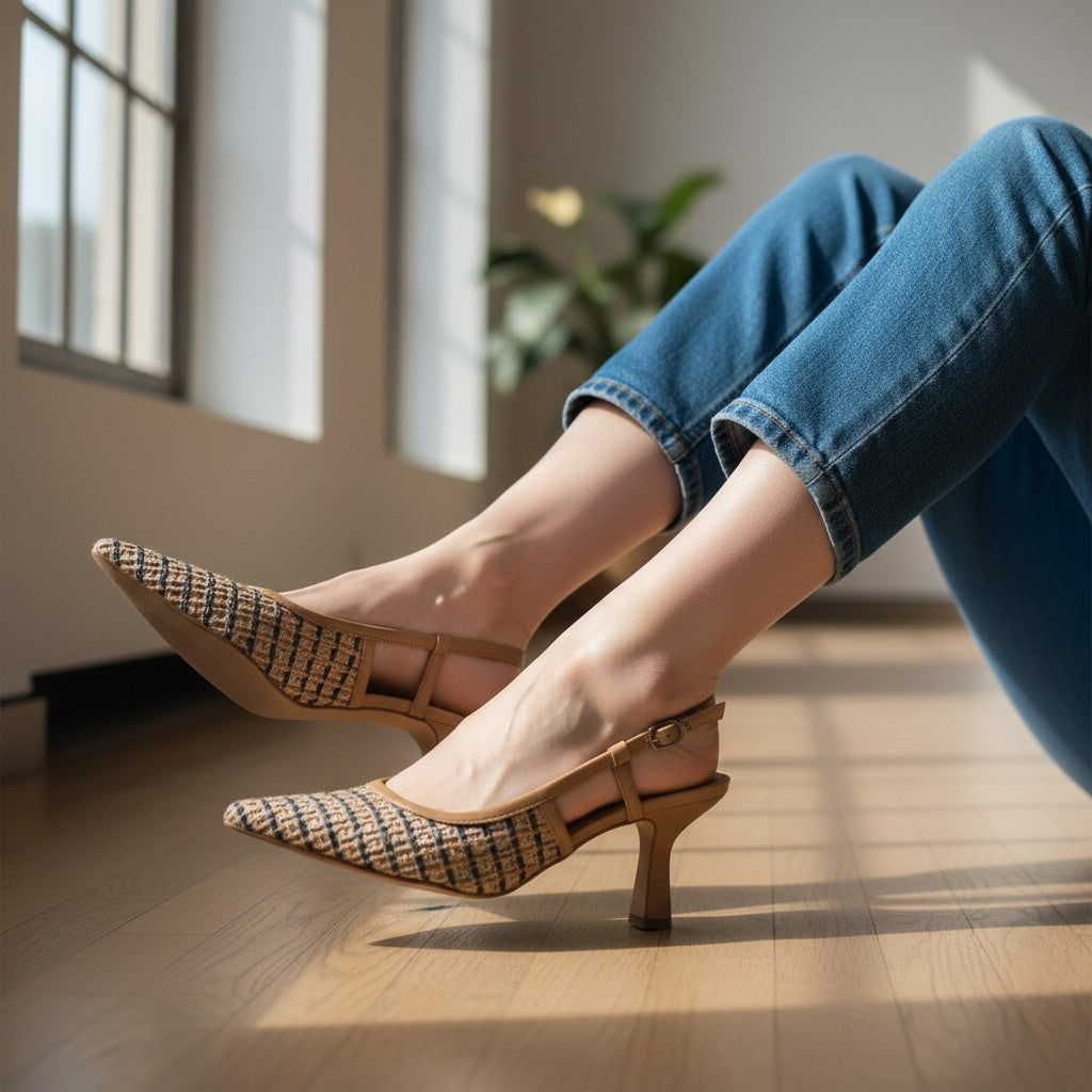 Inscarpa model Laura slingback heels in beige woven leather with a pointed toe and block heel, worn by a woman in a museum.
