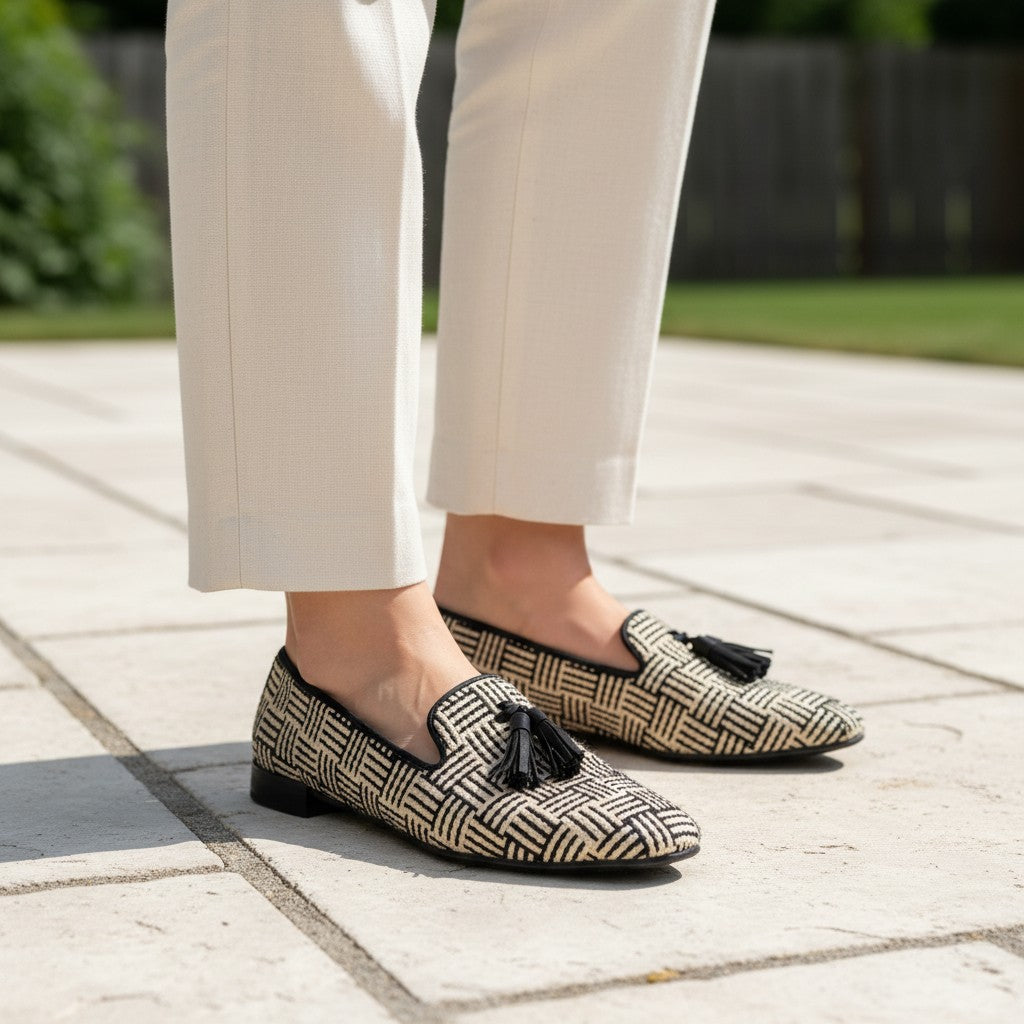 Inscarpa women's black and beige woven loafers with tassel detail. Flat heel, almond toe, and rubber sole.