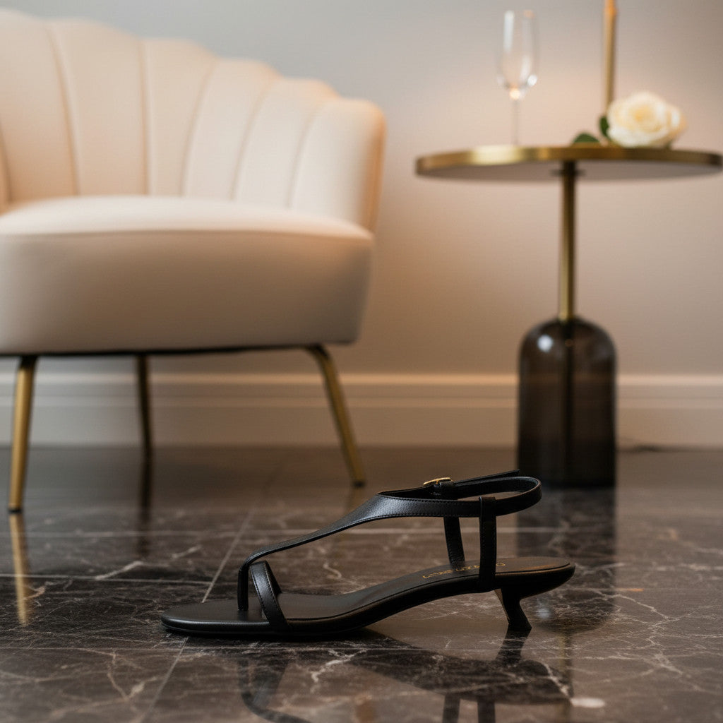 Inscarpa black leather thong sandals with a kitten heel and adjustable ankle strap, perfect for warm weather.