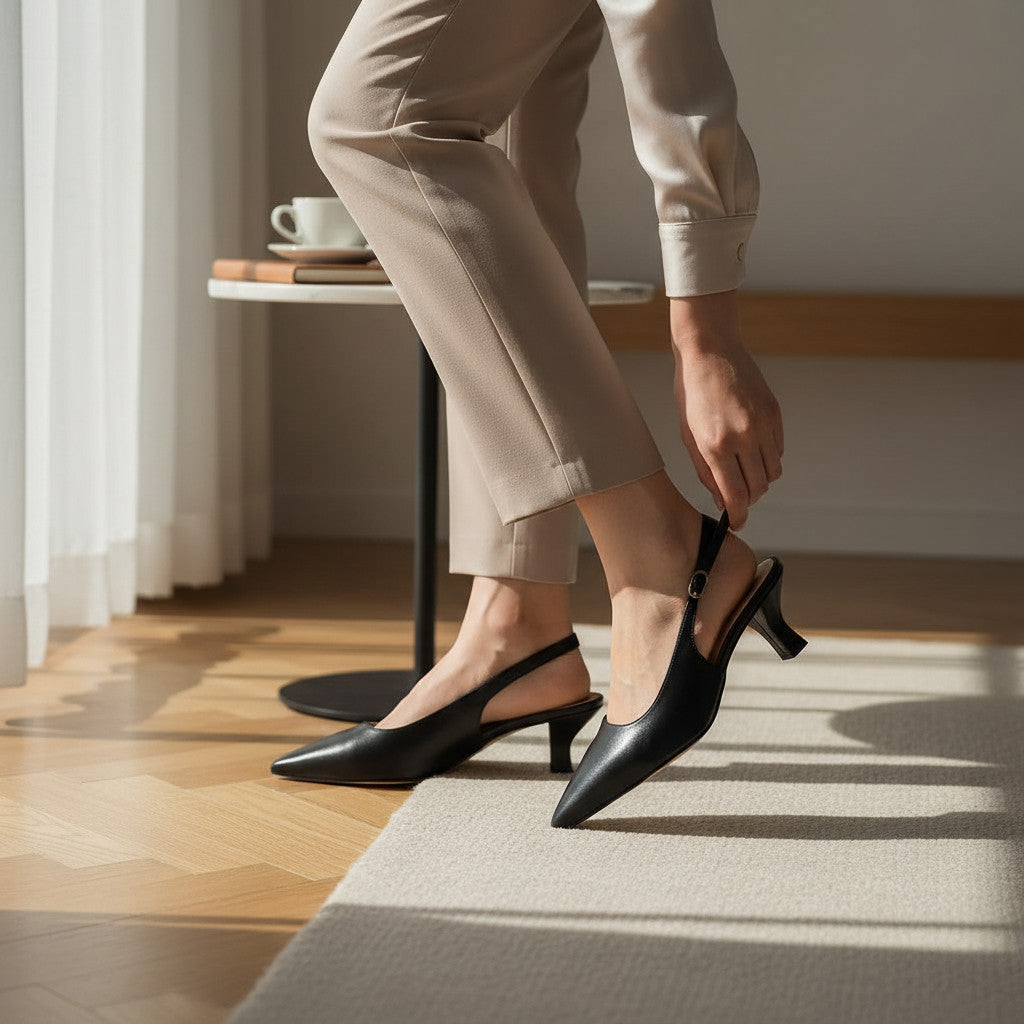 Inscarpa black leather slingback heels with pointed toe and adjustable ankle strap.