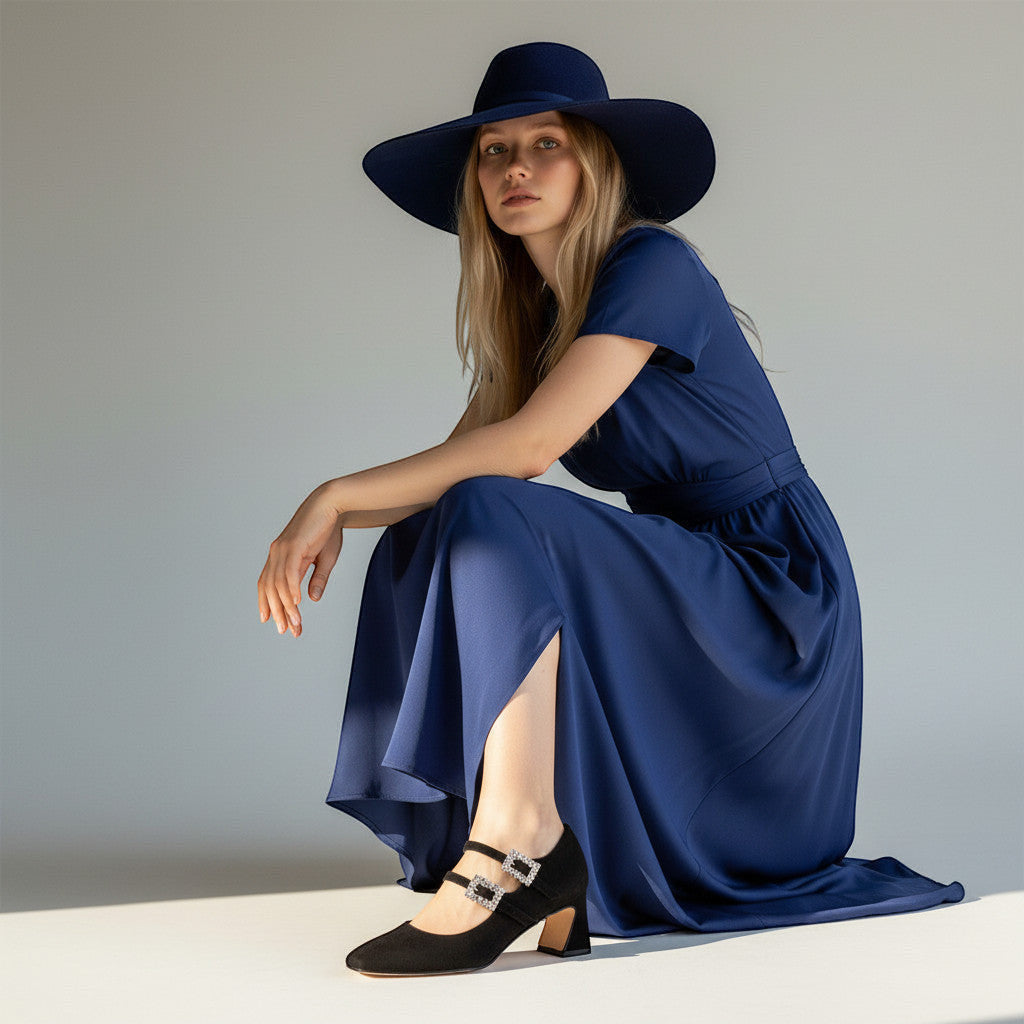 Inscarpa black suede women's ballerina heels with jeweled buckle straps and a block heel.