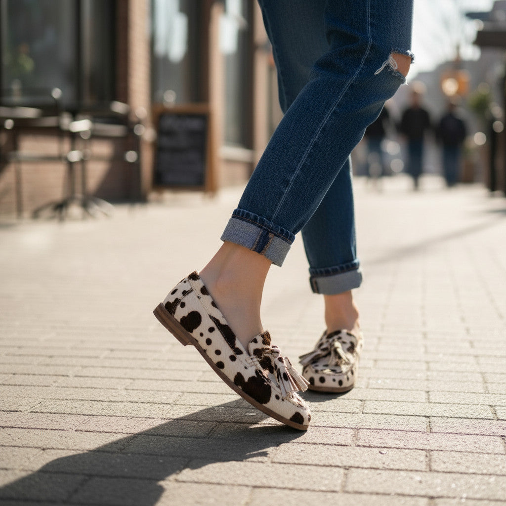 Inscarpa Kammi Kiara women's flat sandals in cream with cow print detail and tassels. Model walking on sidewalk.