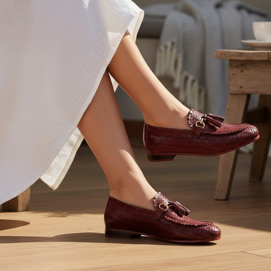 Mocassini da donna in pelle bordeaux intrecciata con nappine e dettagli dorati, modello Rachele di inscarpa.