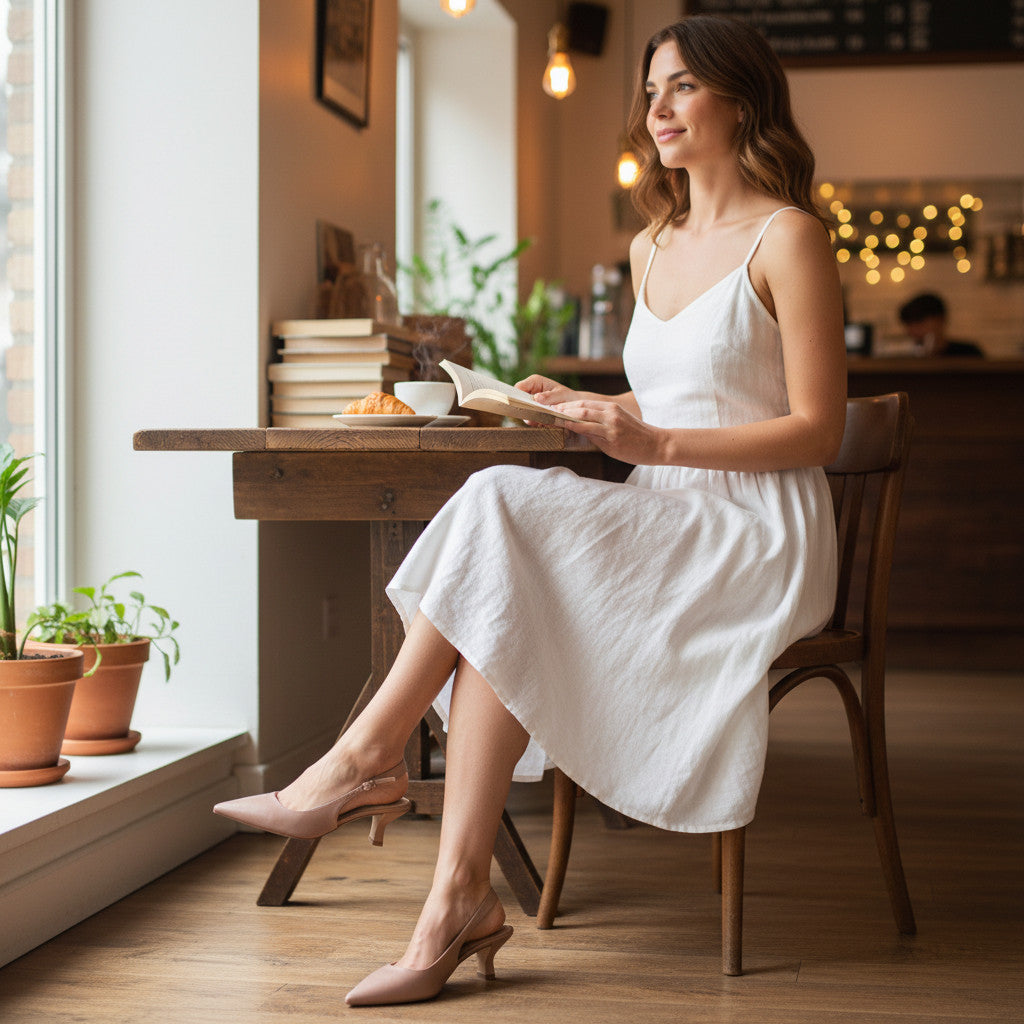 Inscarpa women's nude leather slingback heels with a pointed toe and adjustable ankle strap. Versatile kitten heel.