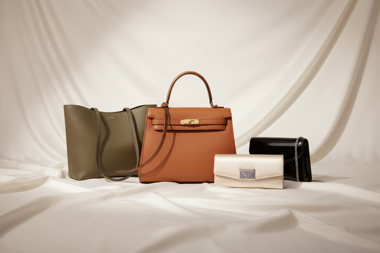 “Create a premium banner image for a women’s handbag collection.
Display elegant women’s bags such as shoulder bags, totes, crossbody bags and clutches arranged in a minimal, clean studio composition.
Background: soft beige or off-white.
Lighting: soft, luxury, editorial.
Style: modern, refined, Italian fashion aesthetic.
No text.”
