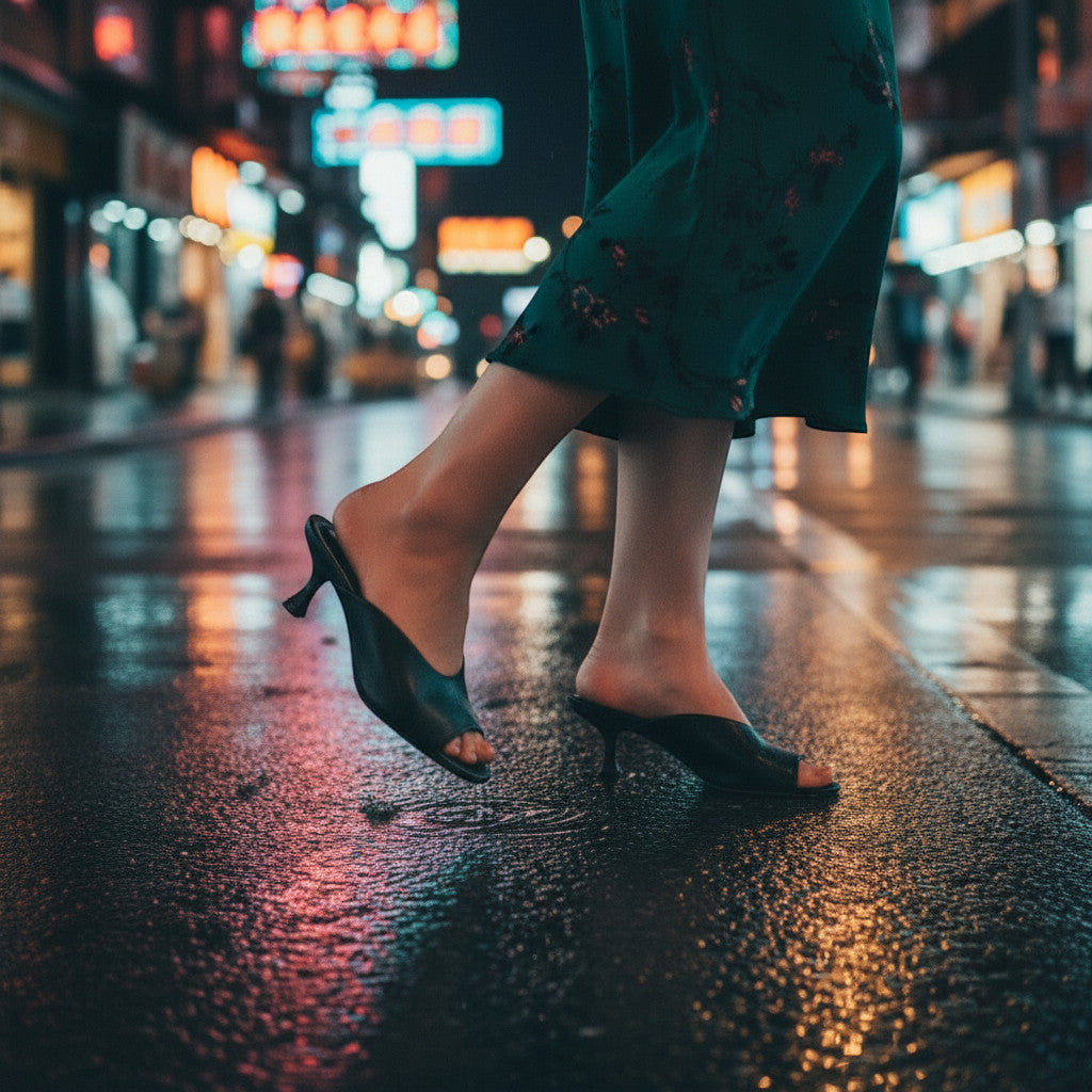 Inscarpa Kammi Fanti black leather heeled mules with a pointed toe, worn by a woman in a green floral dress walking on a wet city street at night.