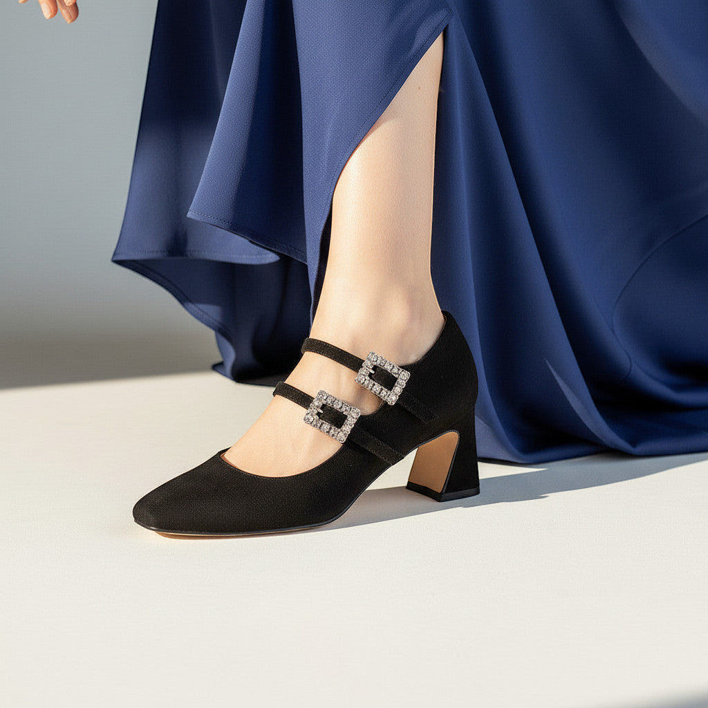 Inscarpa women's black suede Mary Jane heels with double buckle detail and block heel.