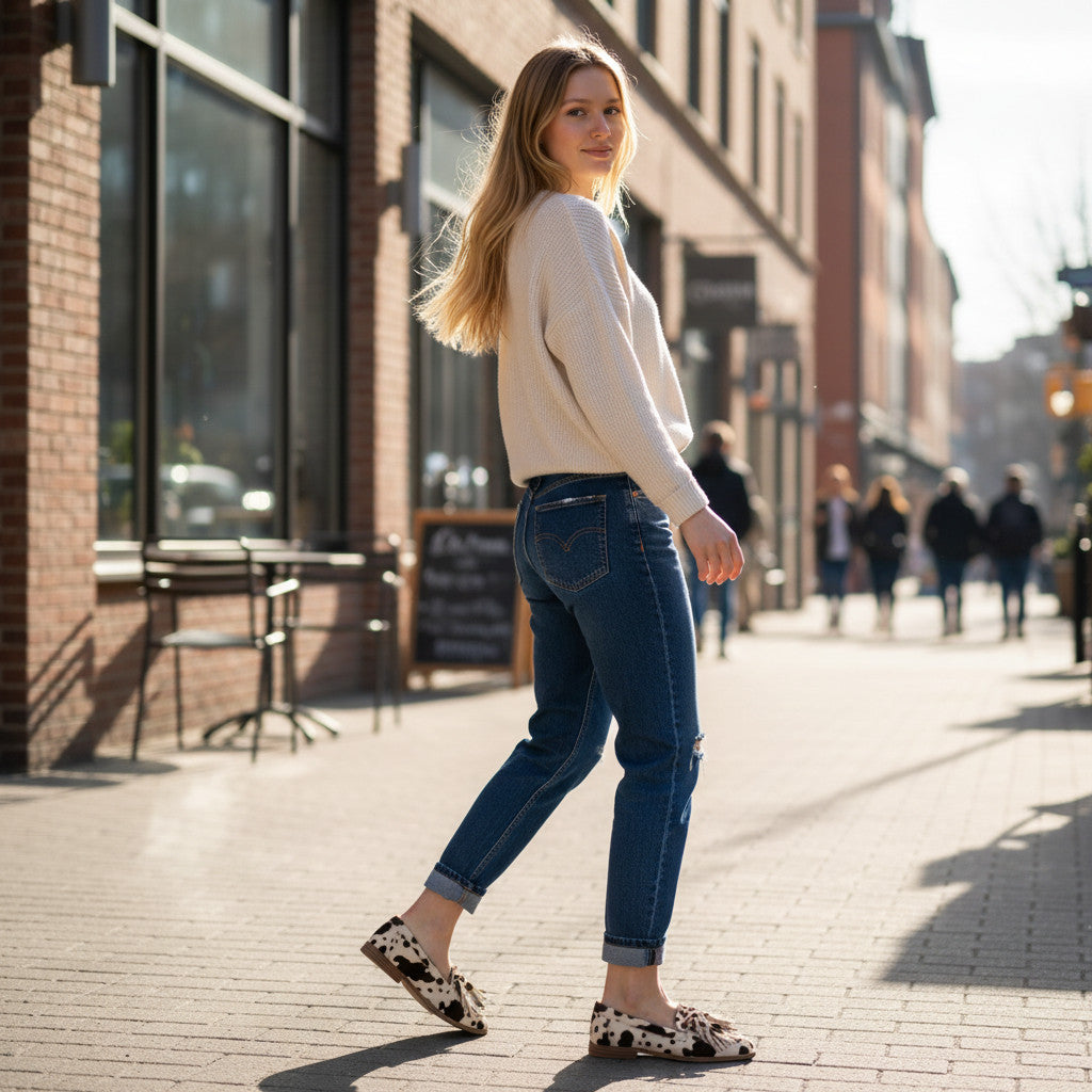 Inscarpa Kammi Kiara women's loafers in cow print pony hair with tassel detail.
