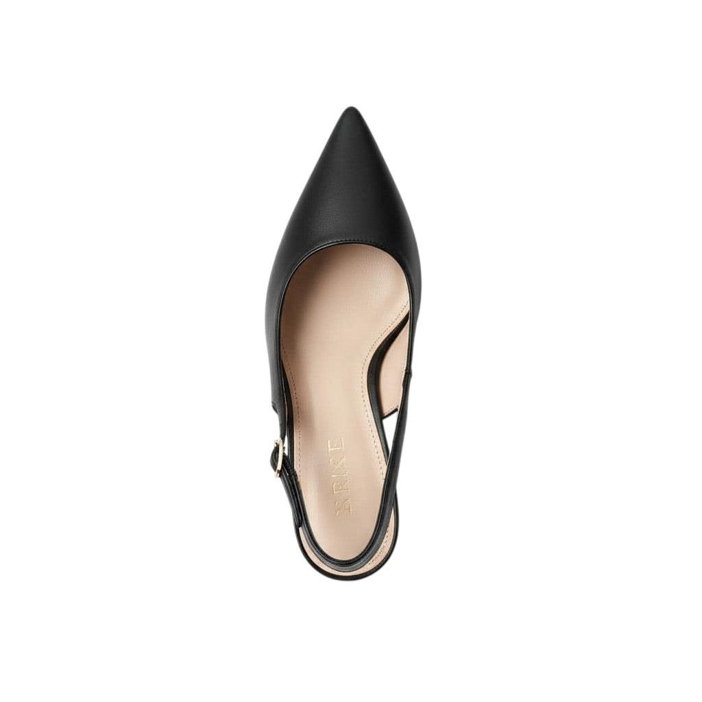 Inscarpa Kammi Camilla women's black leather slingback heels with pointed toe and adjustable ankle strap.