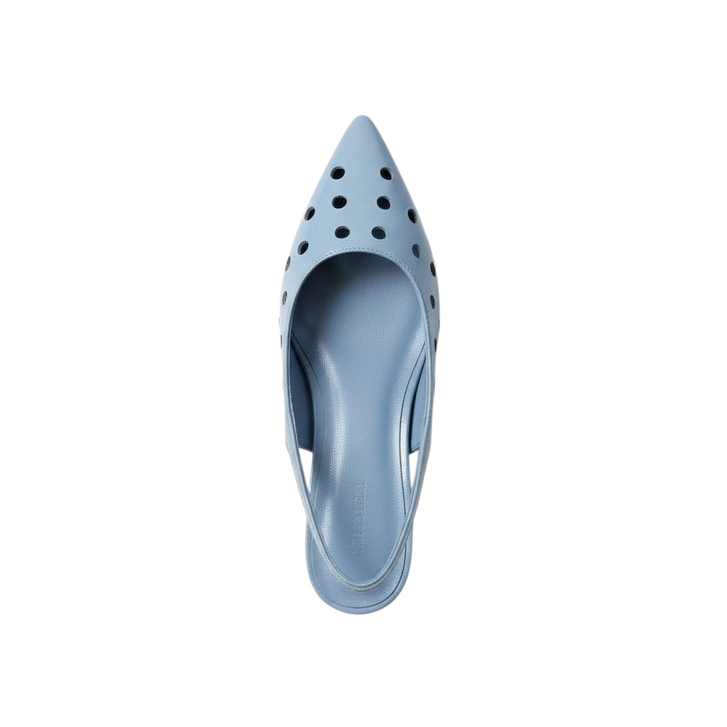 Inscarpa light blue patent leather slingback sandals with perforated detail and low heel.
