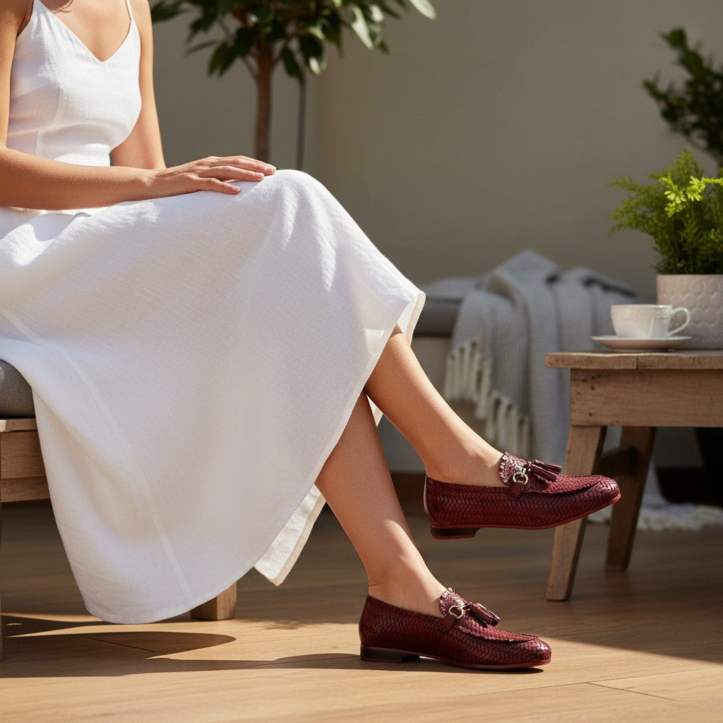 Scarpe basse in pelle intrecciata bordeaux da donna Inscarpa Rachele con nappine e dettaglio dorato. Suola in gomma.