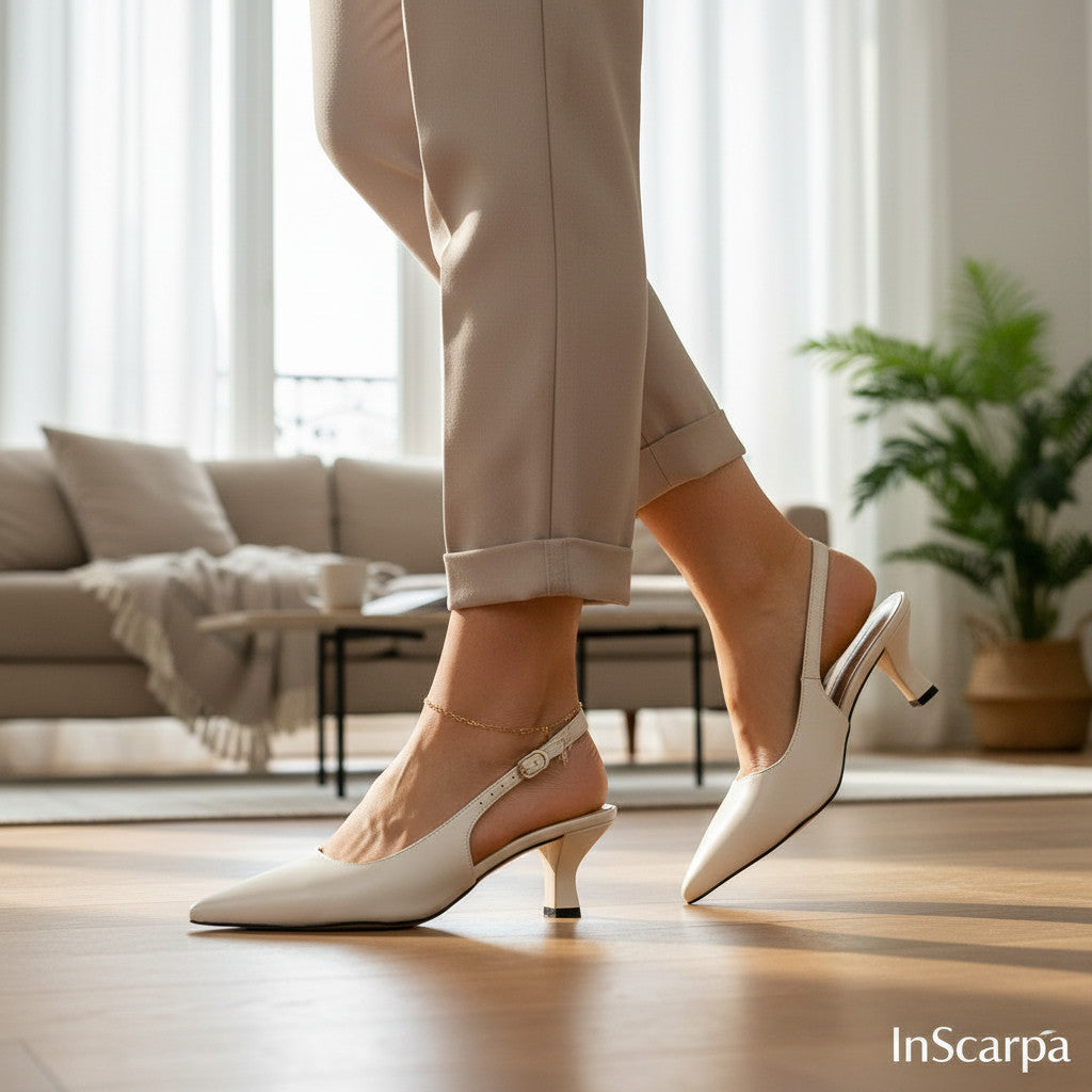 Inscarpa women's white leather slingback heels with a pointed toe and adjustable ankle strap.
